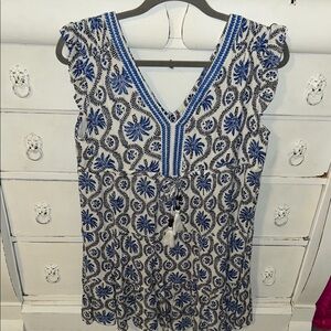 Chic Blue and White Patterned Women's Blouse